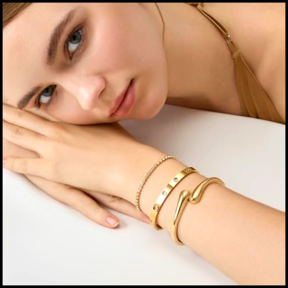 Gold-Plated Bracelet Set Stackable Adjustable Cuf… - image 6